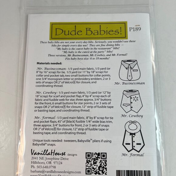 Dude Babies Little Man Bibs Pattern Vanilla House 6-18 Months 3 Versions UNCUT - Picture 5 of 6